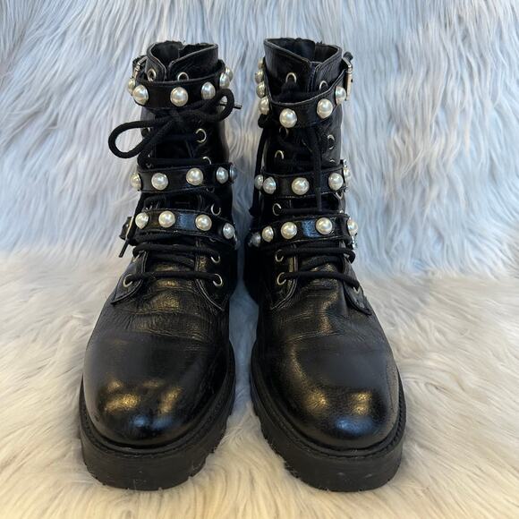 ZARA Genuine Leather Ankle Combat Boots Faux Pearl Lace-Up Flat Boots, Black - Picture 7 of 16